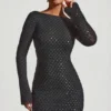 Vestido Grazina con espalda abierta y corte en A, adornado, en negro