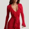 Vestido Jolessa de punto calado con volantes en rojo escarlata