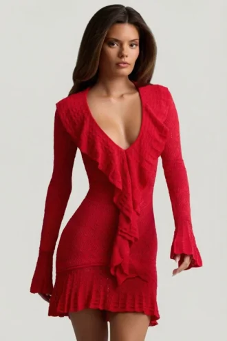 Vestido Jolessa de punto calado con volantes en rojo escarlata