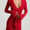Vestido Jolessa de punto calado con volantes en rojo escarlata