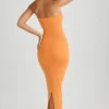 Vestido largo ajustado con cuello bandeau Kali de modal en naranja atardecer