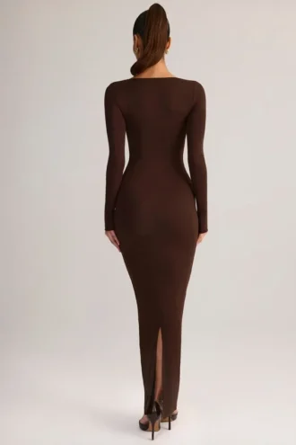 Vestido largo ajustado de cuello cuadrado Lux Modal en marrón chocolate
