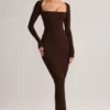 Vestido largo ajustado de cuello cuadrado Lux Modal en marrón chocolate