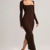 Vestido largo ajustado de cuello cuadrado Lux Modal en marrón chocolate