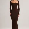 Vestido largo ajustado de cuello cuadrado Lux Modal en marrón chocolate