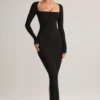 Vestido largo ajustado de cuello cuadrado Lux Modal en negro