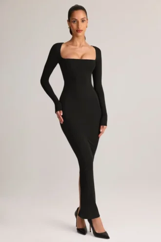Vestido largo ajustado de cuello cuadrado Lux Modal en negro