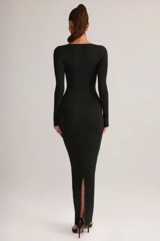 Vestido largo ajustado de cuello cuadrado Lux Modal en negro
