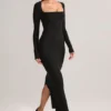 Vestido largo ajustado de cuello cuadrado Lux Modal en negro