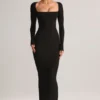 Vestido largo ajustado de cuello cuadrado Lux Modal en negro