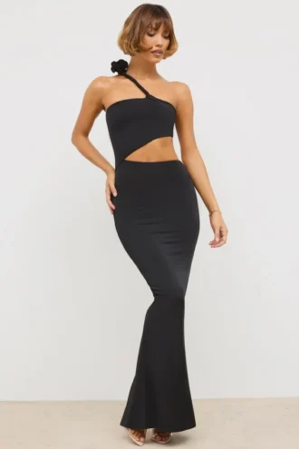 Vestido largo asimétrico con aberturas de jersey Kalina en negro
