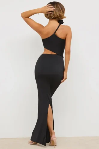 Vestido largo asimétrico con aberturas de jersey Kalina en negro