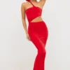 Vestido largo asimétrico con aberturas Kalina en jersey rojo escarlata