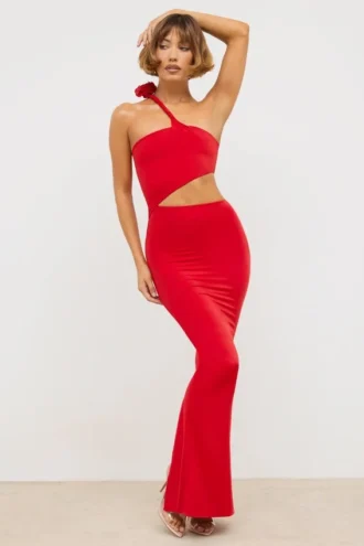 Vestido largo asimétrico con aberturas Kalina en jersey rojo escarlata