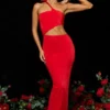 Vestido largo asimétrico con aberturas Kalina en jersey rojo escarlata