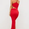 Vestido largo asimétrico con aberturas Kalina en jersey rojo escarlata