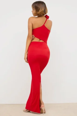 Vestido largo asimétrico con aberturas Kalina en jersey rojo escarlata