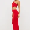Vestido largo asimétrico con aberturas Kalina en jersey rojo escarlata