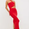 Vestido largo asimétrico con aberturas Kalina en jersey rojo escarlata
