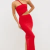 Vestido largo asimétrico con aberturas Kalina en jersey rojo escarlata
