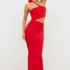 Vestido largo asimétrico con aberturas Kalina en jersey rojo escarlata