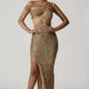 Vestido largo asimétrico con aberturas y adornos Persephone en dorado