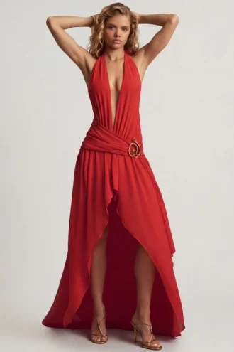 Vestido largo asimétrico con cuello halter Oliana en rojo chile