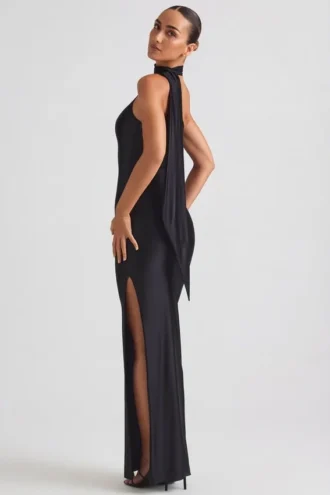 Vestido largo asimétrico con detalle de pañuelo Sheril en negro
