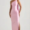 Vestido largo asimétrico con detalle de pañuelo Sheril en rosa suave