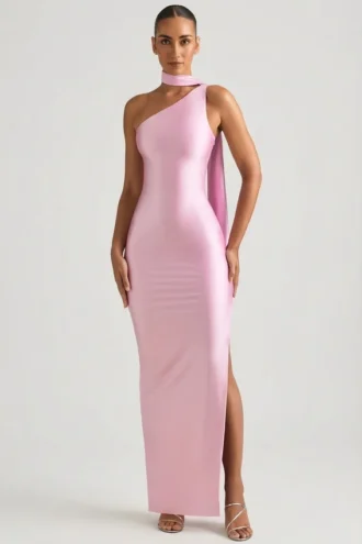 Vestido largo asimétrico con detalle de pañuelo Sheril en rosa suave