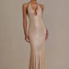Vestido largo asimétrico con escote pronunciado y espalda abierta Ameline Premium en beige dorado