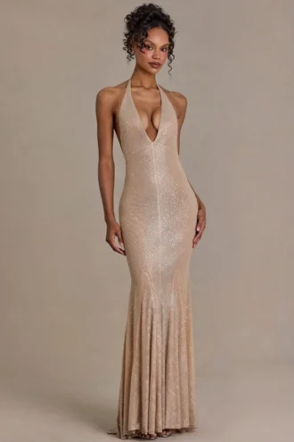 Vestido largo asimétrico con escote pronunciado y espalda abierta Ameline Premium en beige dorado