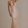 Vestido largo asimétrico con escote pronunciado y espalda abierta Ameline Premium en beige dorado