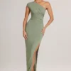 Vestido largo asimétrico con fruncidos Maude Modal en verde salvia