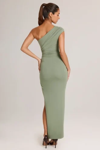Vestido largo asimétrico con fruncidos Maude Modal en verde salvia