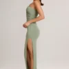 Vestido largo asimétrico con fruncidos Maude Modal en verde salvia