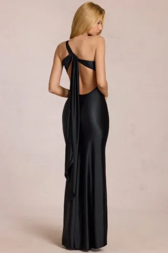 Vestido largo asimétrico con lazo en la espalda «Adelina» en negro