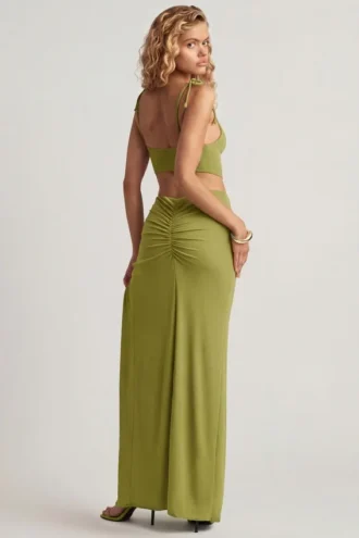 Vestido largo asimétrico de jersey texturizado Imara en verde oliva