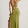 Vestido largo asimétrico de jersey texturizado Imara en verde oliva