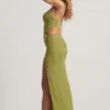 Vestido largo asimétrico de jersey texturizado Imara en verde oliva