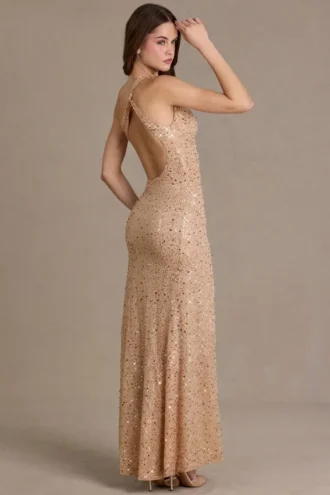 Vestido largo asimétrico de un solo hombro con adornos Violette en beige dorado