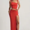 Vestido largo asimétrico Imara de jersey texturizado en rojo chile