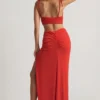 Vestido largo asimétrico Imara de jersey texturizado en rojo chile
