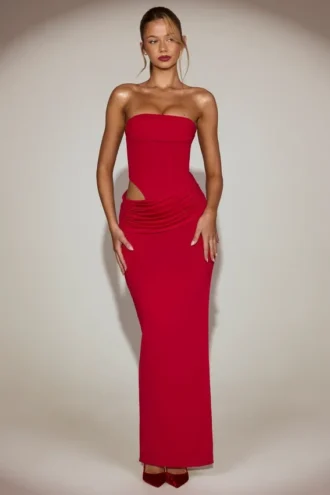 Vestido largo bandeau con aberturas de jersey suave Zorya en rojo intenso