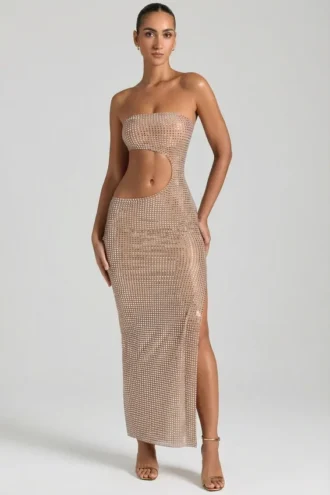 Vestido largo bandeau con aberturas y adornos Alamea en color miel