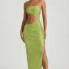 Vestido largo bandeau con aberturas y adornos Alamea en verde pera