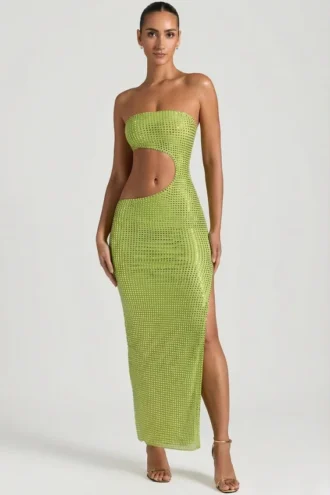 Vestido largo bandeau con aberturas y adornos Alamea en verde pera