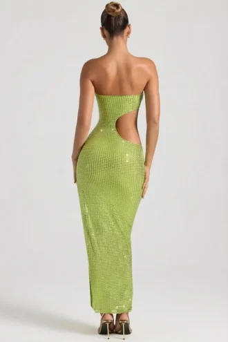 Vestido largo bandeau con aberturas y adornos Alamea en verde pera