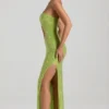 Vestido largo bandeau con aberturas y adornos Alamea en verde pera