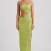 Vestido largo bandeau con aberturas y adornos Alamea en verde pera